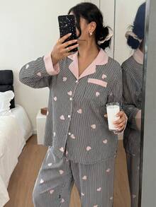 SHEIN 加大码撞色领荷叶边爱心条纹长袖睡衣套装 - 黑與白 - 查看 4