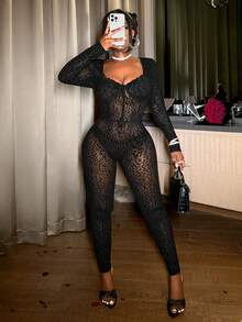 Slaydiva 新款春夏音乐节情人节休闲简约基础款Y2K街头甜美网红热销日常约会辣妹风性感透视方领罩杯收腹蕾丝边修身长裤豹纹网纱紧身连体裤女士性感蕾丝连体裤 - 黑色 - 查看 6