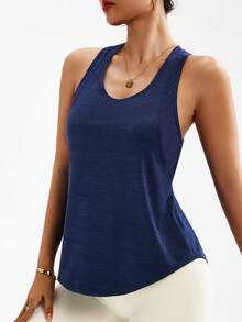 SHEIN Sports Plus Size Women's Casual Solid Color Round Neck Racerback Tank Top, Summer - Navy Blue - View 6