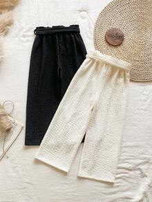 SHEIN Vintaside Kids 2条装少女休闲日常通勤简约纯色纹理面料纸袋腰带宽松阔腿裤 - 白色 - 查看 2