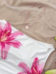 少女白色针织休闲度假优雅波西米亚热带花卉印花褶皱不对称露脐吊带背心，适合春夏穿着，休闲百搭，可打造个性造型，日常穿着，室内亦可。 - 白色 - 查看 3