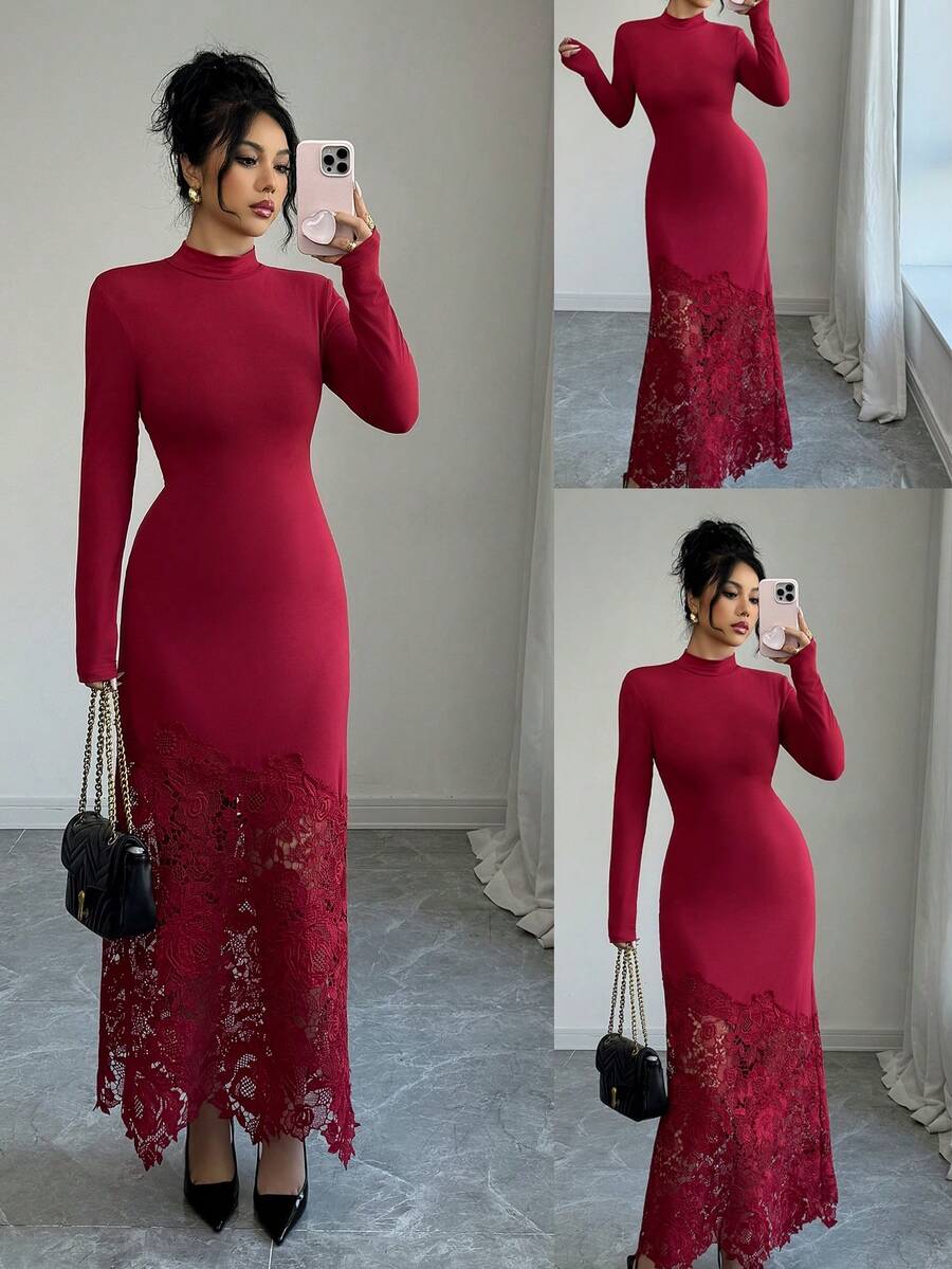 Elenzga Elegantes Pendlerkleid mit Spitzen-Patchwork - Rot - Übersicht 1