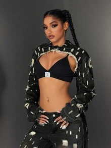 Jeanoix Women's Casual Fashion Street Chic Sexy Raw Edge Ripped Super Crop High-Low Hem Denim Jacket - Black - View 7