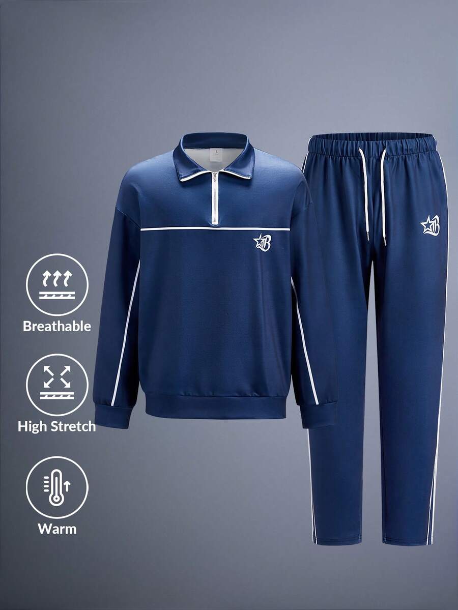 Driftmere Men's Business Casual Five-Pointed Star Print Zip-Up Sweatshirt And Pants Set, Fall Clothes - Multicolor - View 1