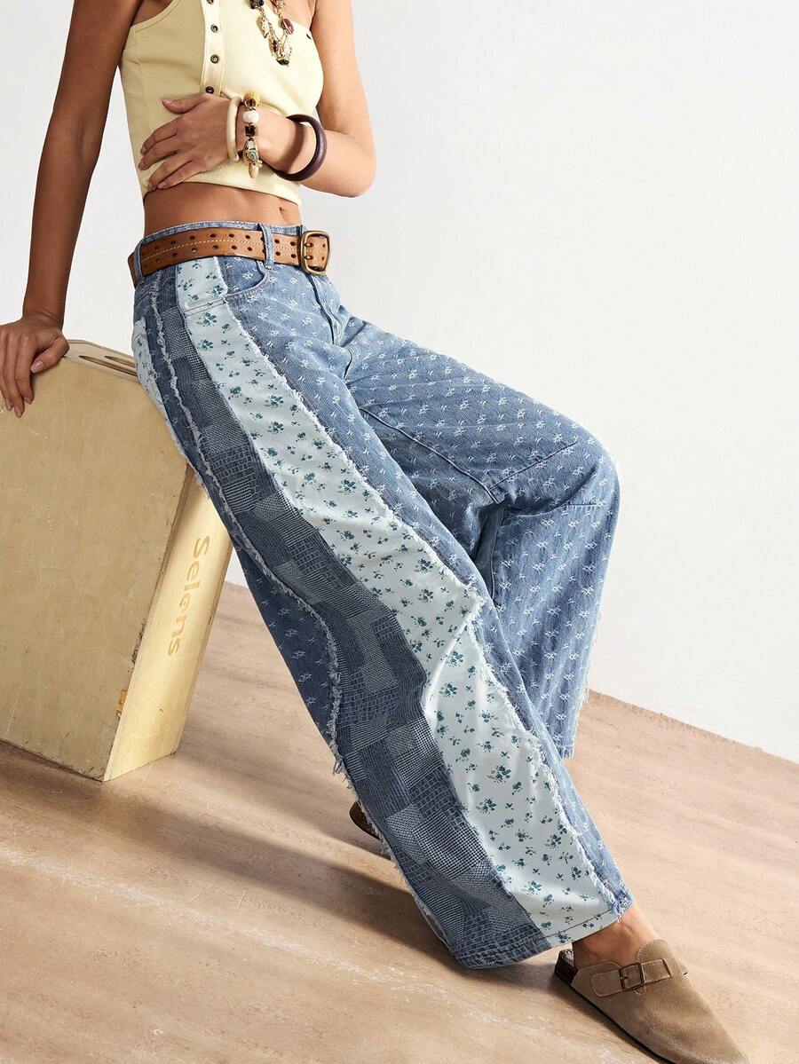 Bohemela Quần jean nữ dáng rộng phong cách Boho, thích hợp cho năm mới, ngày lễ tình nhân, lễ hội âm nhạc, phong cách vintage, phối nhiều mảnh vải. - Màu xanh lam - Xem 1