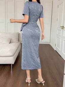 DAZY 女士优雅圆领短袖连衣裙 - 灰色 - 查看 4