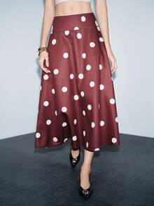 Lumivelle Valentine's Day Elegant Polka Dot A-Line Midi Skirt, Suitable For Commuting And Casual Wear, Spring/Summer Polka Dot Skirt Red Skirt Women Long Skirts Burgundy Skirt - Coffee Brown - View 4