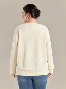 Momelise Plus Size Women Geometric Print Button Half Placket Drop Shoulder Long Sleeve Casual Loose Sweatshirt,Beige,Autumn,Smart Casual,Picnic Quilted Tops - Multicolor - View 2