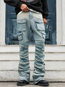 GALLERY FADE Quần jeans nam ống loe dáng ôm, xếp ly, nhiều túi, màu xanh dương, kiểu dáng đường phố, quần jeans ống loe nam. - Màu xanh lam - Xem 3