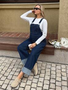 MaterniWear 孕妇休闲百搭牛仔背带连体裤，春夏情人节嘉年华服装，通勤度假毕业季时尚Y2K可爱街头风派对婚礼优雅商务休闲女式牛仔连体裤，带口袋设计宽松版型，适合日常穿着 - 藍色 - 查看 5