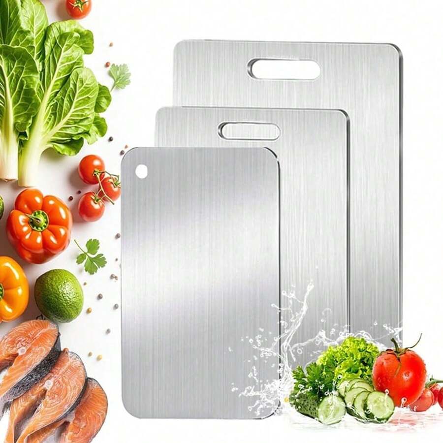 Tabla de cortar de acero inoxidable de doble cara, a prueba de óxido, duradera, muy adecuada para carne, frutas y verduras - Esterilla de cortar de cocina de alta gama con mayor higiene - Plateado - Ver 1