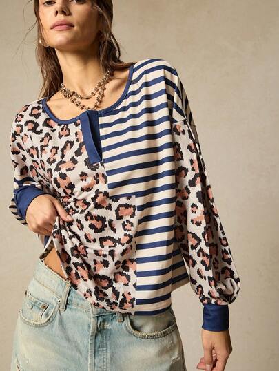 SoleilVie New Women's Long - Sleeve T - Shirt: Leopard Print And Stripe Color - Block Splicing, A Fashion Favorite For Personalized Retro Style