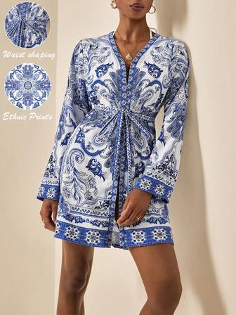 Écloséra 女士蓝白瓷花印花长袖开衫，前系带，优雅衬衫