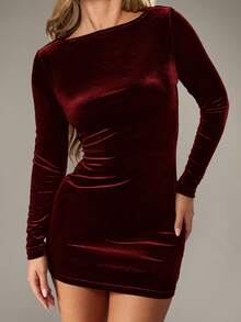 MISSGUIDED Mini Velvet Bodycon Long Sleeve Ruched Party Holiday Evening Special Occasion Formal - Burgundy - View 4