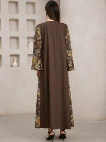 Al Najma 女士印花优雅长袖连衣裙 - 咖啡棕 - 查看 6