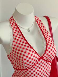 Comfortcana Women's Red And White Plaid Halter Neck Top,Summer Cottage Core Vacation Beach Casual Plaid Print Tops,Fashionable Christmas New Year Party Top - Multicolor - View 6