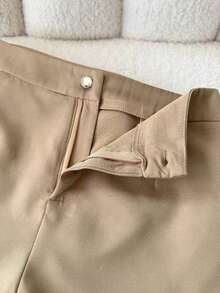 INAWLY Celana Pendek Setelan Pinggang Tinggi Kasual Serbaguna Warna Polos untuk Wanita Ukuran Plus - Khaki - View 4