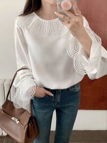 INAWLY Women's Casual Flare Sleeve Loose Dolly Collar Blouse - White - View 4
