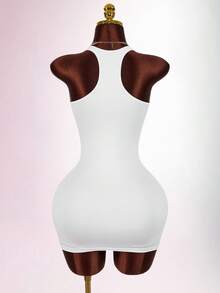 Amplova Vestido mini de mujer de unicolor con escote en V profundo y espalda descubierta - Blanco - Ver 2