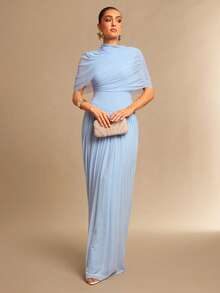 Silquee 女士纯色透视褶皱修身优雅连衣裙，适合日常穿着、约会、派对、婚礼伴娘礼服、鸡尾酒会、浪漫正式场合、情人节、夜间外出以及与朋友聚会。 - 淺藍色 - 查看 4