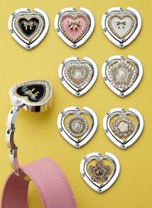 Joivida Heart-Shaped Rhinestone & Pearl Metal Folding Desktop Hanging Hooks, Purse Holder For Women - Silver - View 2