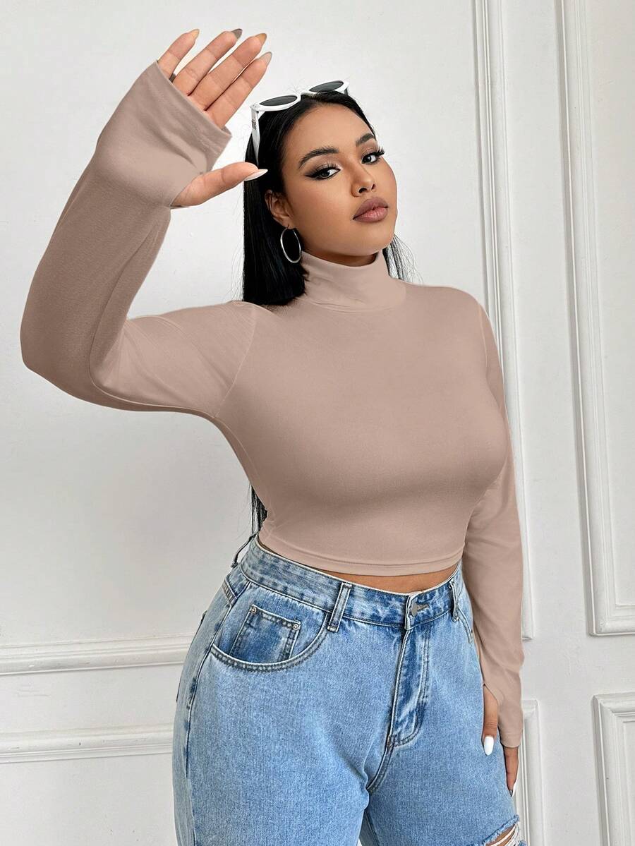 SHEIN EZwear 大码女式休闲日常通勤简约纯色高领长袖修身短款T恤,秋冬款 - 杏色 - 查看 1