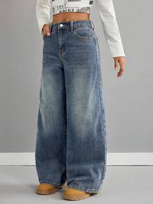 SHEIN 复古蓝色宽松低腰牛仔裤，适合青少年女孩 - 淺色水洗藍 - 查看 6