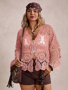 Freevana 大码女式长袖系带镂空针织开衫 - 粉色 - 查看 5