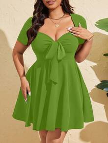 Sunspun Vestido ajustado de manga corta con lazo delantero sexy para mujer de talla grande, verano - Verde - Ver 5
