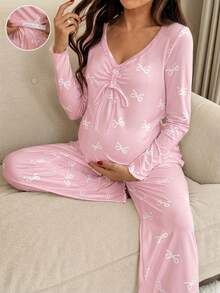 SHEIN Maternity V-Neck Ruched Bow Print Adjustable Waist Long Sleeve T-Shirt And Pants Casual Outfit Sleep Wear Women Maternity Sets - Pink - View 1
