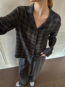 Dream Adore Conjunto de Pijama Casual Feminino de Manga Longa com Estampa Xadrez Verde e Preta e Gola Lapela