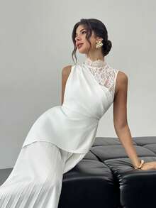 Firerie 女士优雅简约精致浪漫迷人新年派对情人节约会高贵蕾丝拼接缎带领二合一收腰褶裥下摆A字白色中长连衣裙 - 白色 - 查看 8