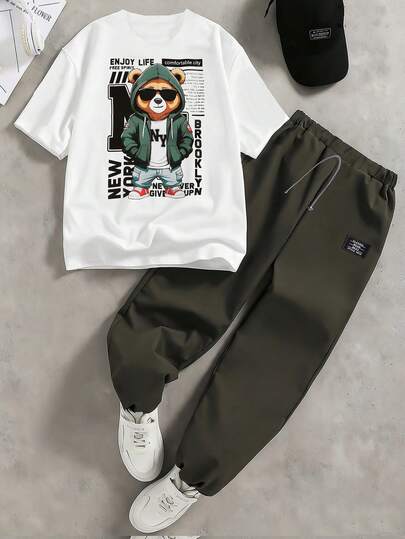 Coolqubz 2 st/set pojkars t-shirt med rund hals och vardagliga sportbyxor, sommar