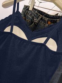 SHEIN Franclia Women's Solid Color Lace Patchwork Elegant Camisole - Navy Blue - View 5