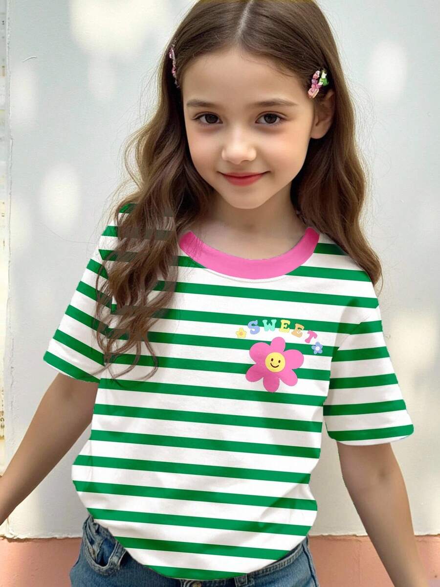SHEIN Leap Crew Tween Girls' Casual Cute Cartoon Face & Floral Striped Short Sleeve Crew Neck T-Shirt, Suitable For Summer - Multicolor - View 1