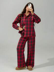 SHEIN Tall Bộ đồ hai mảnh họa tiết kẻ caro đỏ dành cho nữ, thoải mái và giản dị, phong cách Giáng sinh thu đông, thích hợp cho các bữa tiệc và tụ họp, người mua rất vui khi được ăn mừng - Đỏ - Xem 10