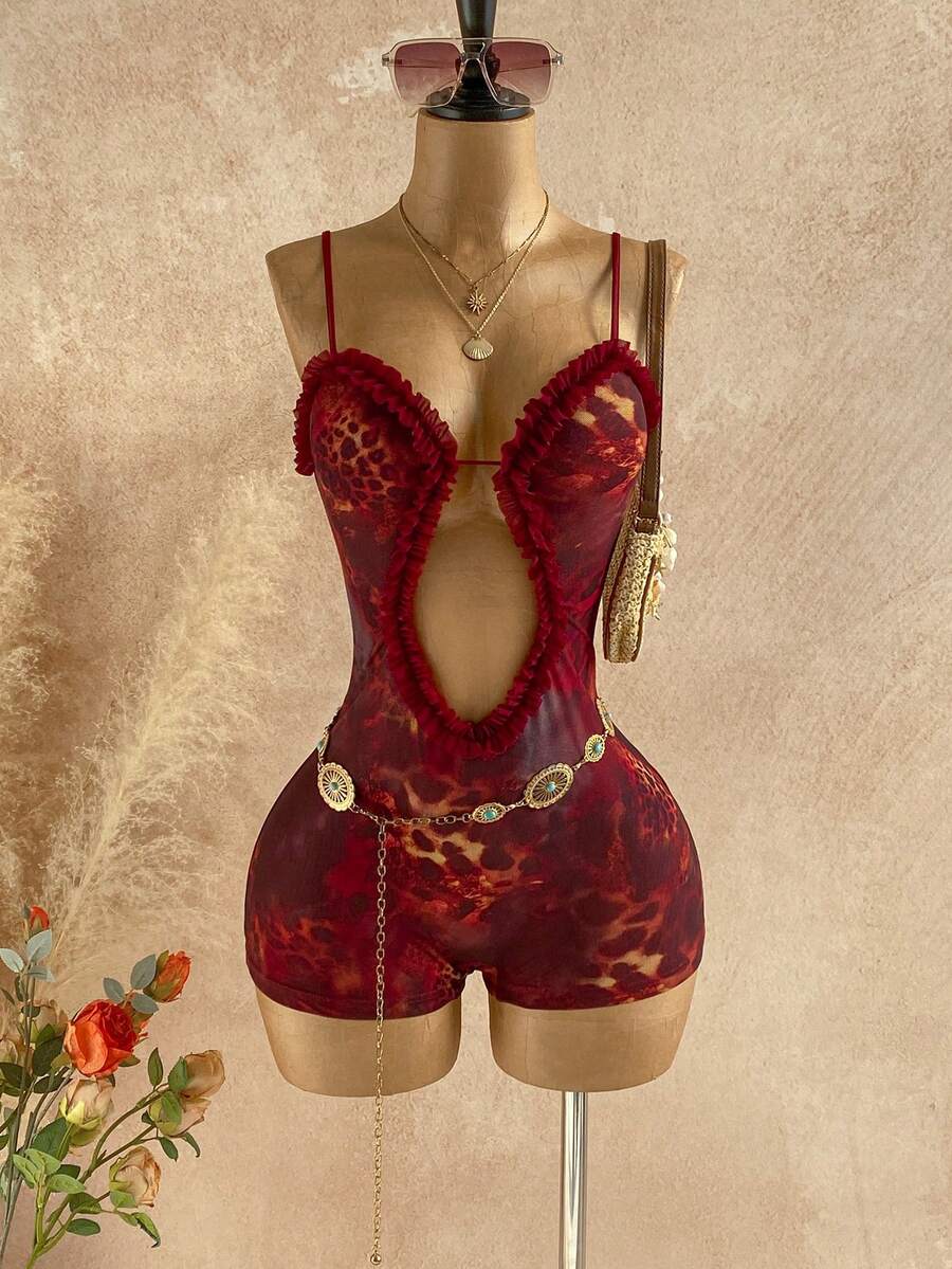 Soleia 女士时尚性感豹纹镂空吊带背心连体衣 - 彩色 - 查看 1