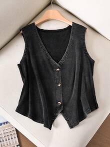 CosyJoli Plus Size Women V-Neck Single-Breasted Casual Tank Top - Black - View 3