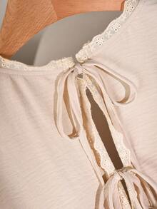 CosyJoli Blusa de moda con cuello en V, mangas farol, lazo en la espalda y dobladillo con volantes para mujer de talla grande - Albaricoque - Ver 8