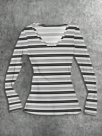 Attitoon Áo thun nữ cổ chữ V, tối giản, màu đen và xám, họa tiết sọc, tay dài, thoải mái, phong cách retro, đa năng khi ra sân bay, phong cách đường phố sang trọng