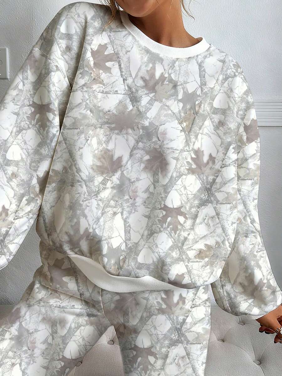 INAWLY Light Gray Maple Leaf Camouflage Printed Women's Crew Neck Sweatshirt And Sweatpants Two Pieces Set For Fall And Winter, Mother's Day Gifts, Casual Simple - Grey - View 1