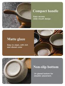 Madebyblanc 1PC Japanese Style Coarse Pottery Dipping Dish With Handle, Ceramic Seasoning Dish, Soy Sauce Dish, Sushi Restaurant Snack Dish, Household Vinegar Dish Set - Multicolor - View 7