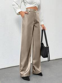 Plus Size Women's Gold Button Detailed Straight Fit Leather Pant - Beige - View 1