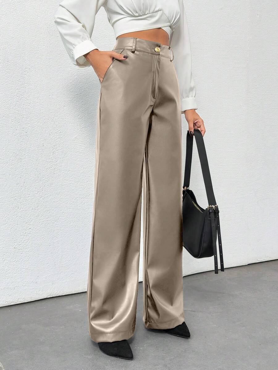 Plus Size Women's Gold Button Detailed Straight Fit Leather Pant - Beige - View 1