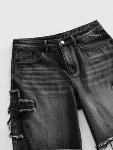 ROMWE MEN Men's Cross Patch Pocket Distressed Casual Denim Shorts - Black - View 6