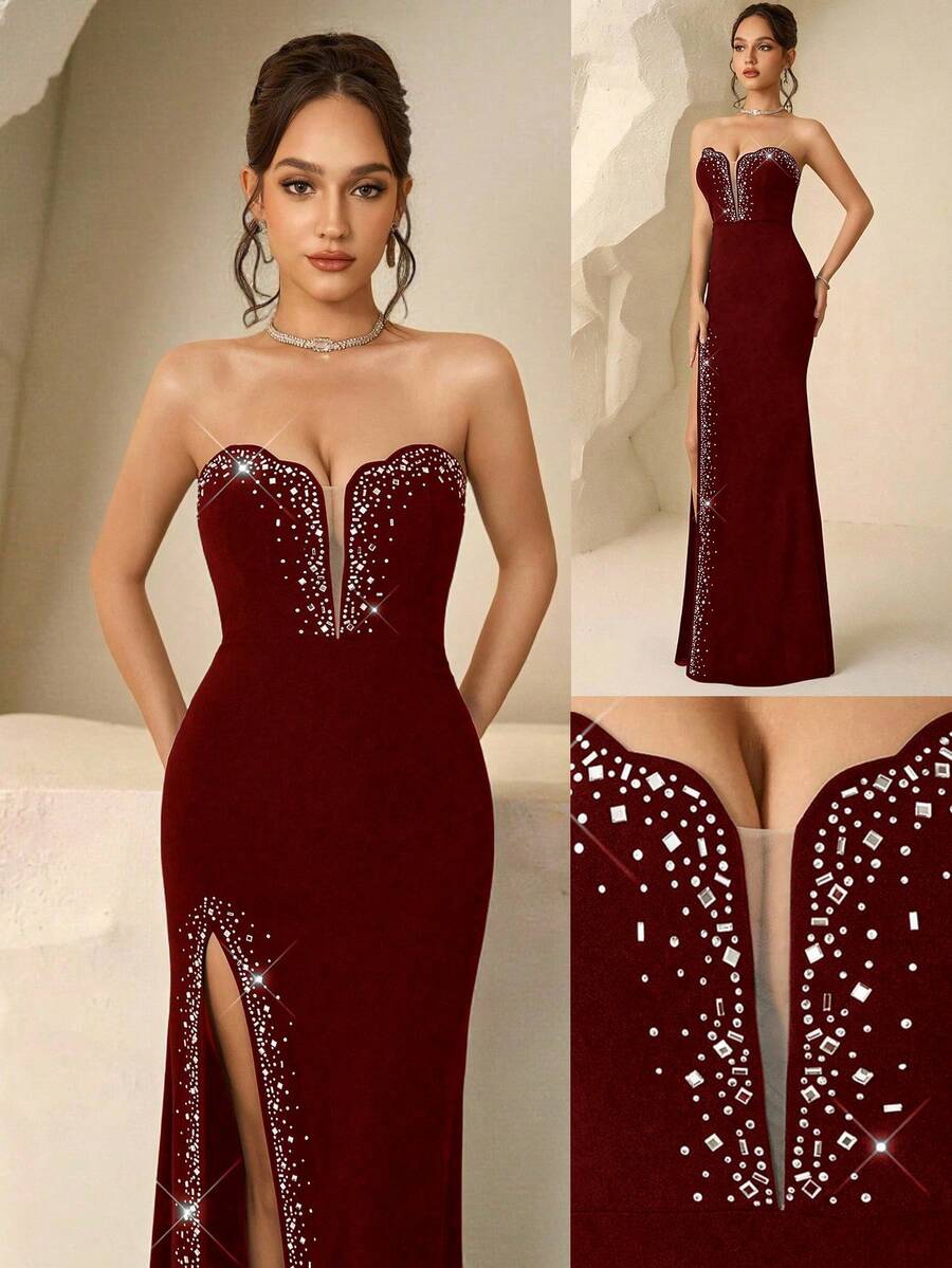 Coutiva 女士水钻装饰无肩带侧开衩修身优雅正式晚礼服 - 酒紅色 - 查看 1