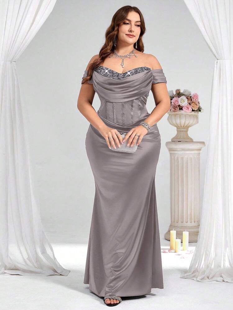 Coutiva Plus Size Women's Champagne Gold Sequin Patchwork Off