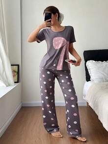 SHEIN Oversized Bow, Polka Dot Print Short Sleeve Pants Women PJS PJSs For Women Round Neck Polka Dot PJS Curve PJS PJS For Woman Women Sleep Wear Set - Multicolor - View 3