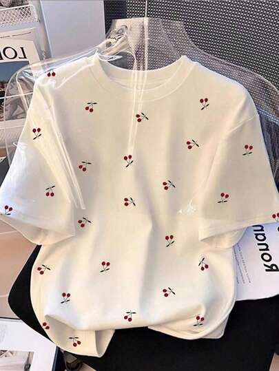 Resyla Suéter de punto ajustado de moda casual, camiseta de manga corta con estampado de cerezas para mujeres