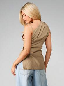 MISSGUIDED Asymmetric One Shoulder Ruched Tank Top With Button Details For Women Fall Winter Casual Versatile Style - Grey - View 2